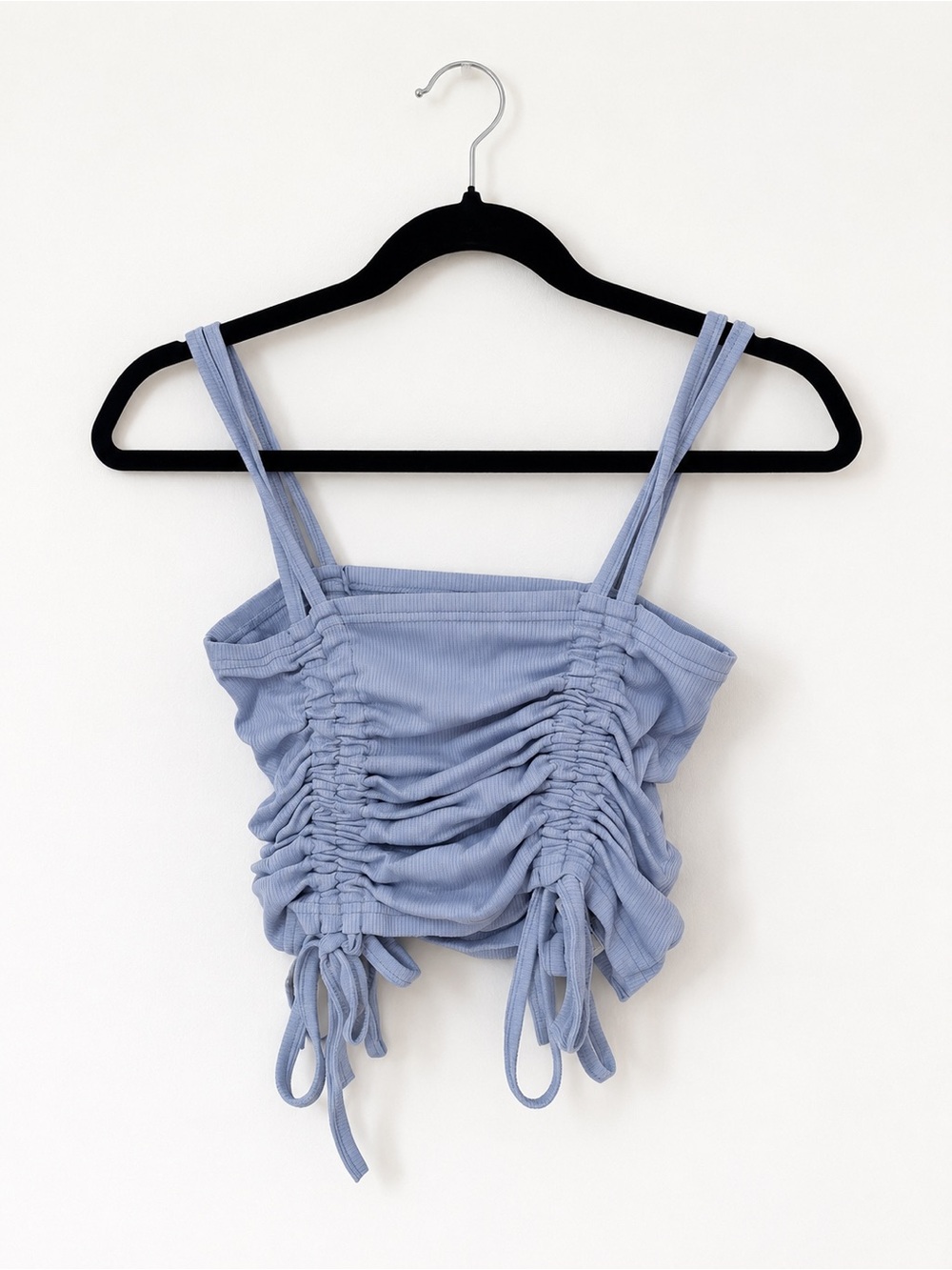 Dusty Blue Ribbed Ruched Crop Camisole, Tie-Side Spaghetti Straps, Like New
